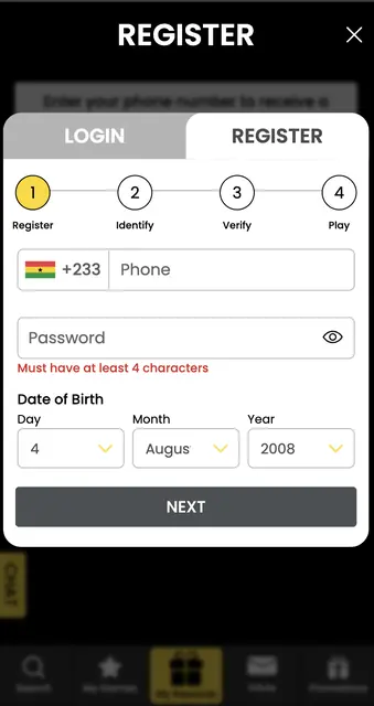 PrideSpins register step 1 of 4: phone number, password and date of birth